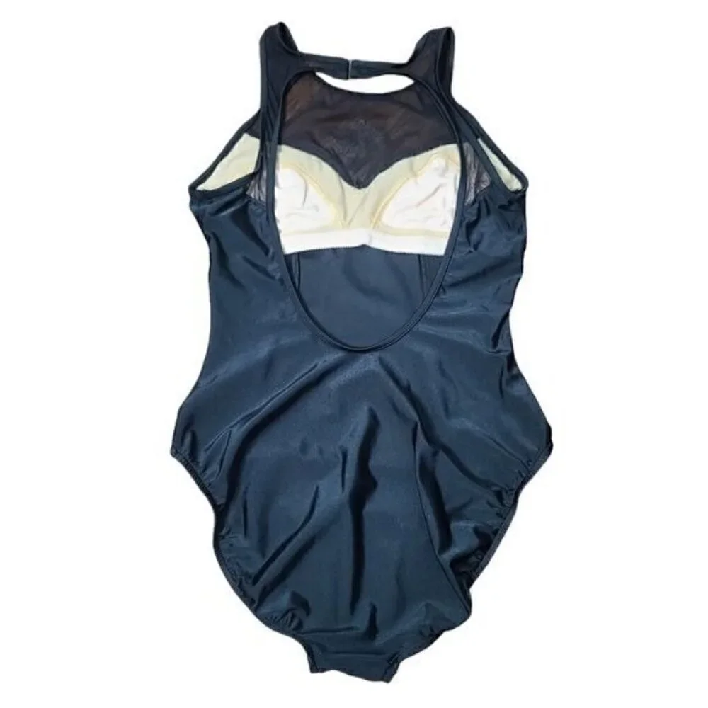 Vintage 90s Jantzen Black Mesh High Neck One Piece Swimsuit